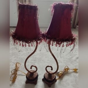 2 lamps Victorian style damask beads fringe burgundy boudoir shades
